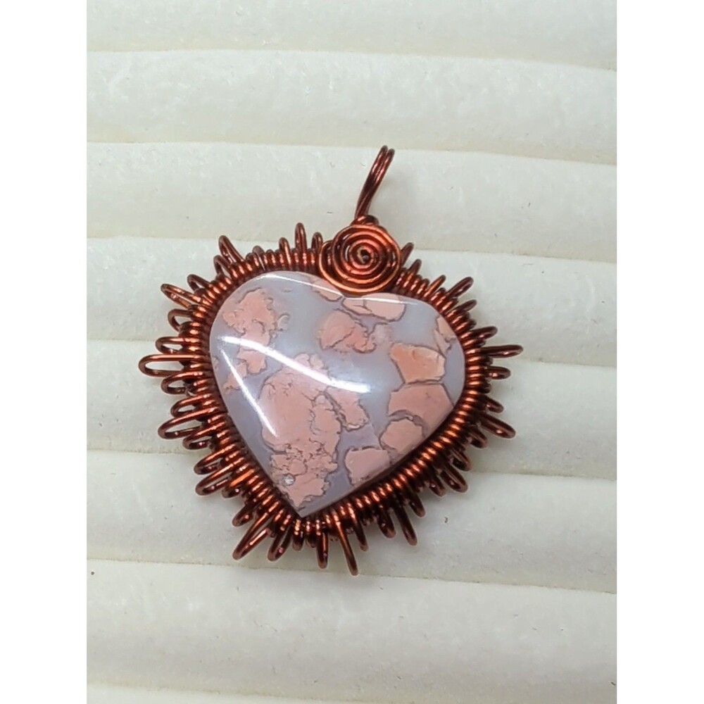 Pink Cotton Candy Agate Heart Natural Crystal Carving, Handcrafted Cooper Wired